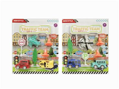 3只庄5.5 CM城市回力车/飞机配2个路障 & 1个路标 & 1棵树，2款混装 - OBL10006560