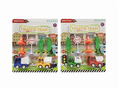 2只庄5.5 CM环卫回力车配2个路障 & 1个路标 & 2棵树，2款混装 - OBL10006561