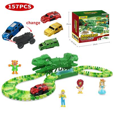 越野色可更换车壳恐龙拼装轨道电动车（配1只车+3个车壳，轨道片130片，4只PVC人偶）电动车需用1节AAA电池，不包电 - OBL10035070