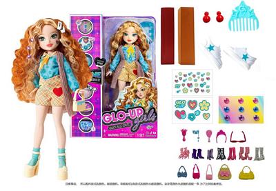 GLO-UP  GIRLS 10寸12关节实身惊喜时尚娃娃带一条染色膏和5样惊喜配件功能描述[头发可以染色。面部。手指都可以用彩色贴纸贴上不同图案】 - OBL10043503