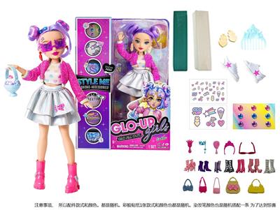 GLO-UP  GIRLS 10寸12关节实身惊喜时尚娃娃带一条染色膏和5样惊喜配件功能描述[头发可以染色。面部。手指都可以用彩色贴纸贴上不同图案】 - OBL10043506