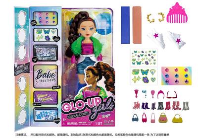GLO-UP  GIRLS 10寸12关节实身惊喜时尚娃娃带一条染色膏和5样惊喜配件功能描述[头发可以染色。面部。手指都可以用彩色贴纸贴上不同图案】 - OBL10043507