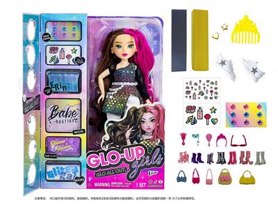 GLO-UP  GIRLS 10寸12关节实身惊喜时尚娃娃带一条染色膏和5样惊喜配件功能描述[头发可以染色。面部。手指都可以用彩色贴纸贴上不同图案】 - OBL10043510