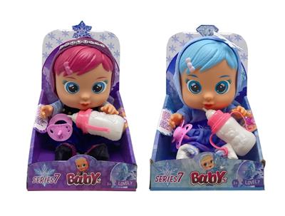 第7代14寸搪胶钻石和雪花冰雪姐妹哭泣娃娃带四声音乐cry Babies-Tutti Fritti带流眼泪功能，带吸水奶瓶，带奶嘴  2款毛绒布料女孩版哭泣娃娃混装 - OBL10044923