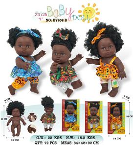 9寸全身搪胶深黑黑人带发娃娃        (肥童baby doll)       3款 站姿彩盒混装 - OBL10053215