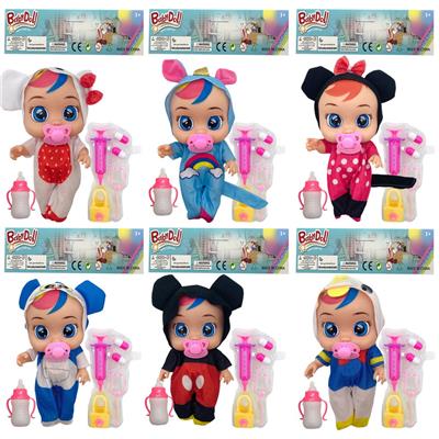 12寸Cry Baby 全身搪胶哭泣娃娃喷油头戴帽子米奇米妮动画服装带医具配件会喝水流眼泪有音乐袋装（6款混装） - OBL10068695
