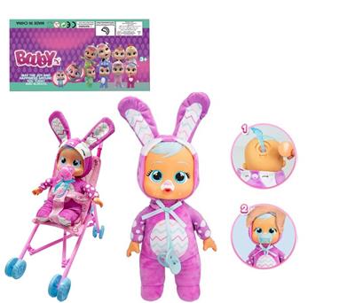 1比1 12寸搪胶头搪胶手毛绒棉身体带真实流眼泪。毛绒兔睡衣哭泣娃娃带四声音乐cry Babies-Tutti Fritti带流眼泪功能，带奶嘴,带大号推车 - OBL10101643