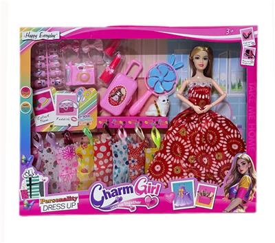 11.5寸实心芭比娃娃活动关节(指甲吸塑+旅行箱+兔耳风扇+猫咪+8件衣服）套装 - OBL10379357