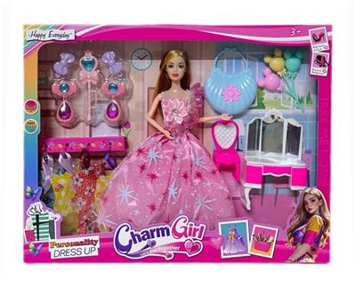 11.5寸实心芭比娃娃活动关节(水滴耳环吸塑+贝壳包包+手捧气球+梳妆台桌椅+4件衣服）套装 - OBL10380968