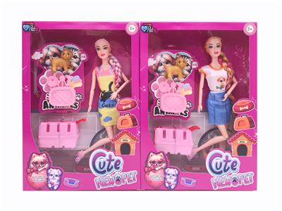 11.5寸十一关节实身《宠物系列》长辫时尚芭比 带宠物狗+餐盘+宠物篮 2款混 - OBL10381267