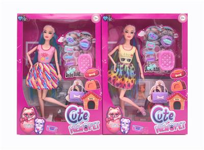 11.5寸十一关节实身《宠物系列》彩色长发时尚芭比 带宠物狗+手提包+狗食物吸塑 2款混 - OBL10381268