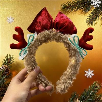 红色毛绒鹿角蝴蝶结发箍 - OBL10387204