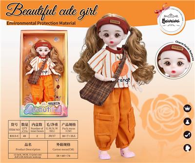 【英文】12寸 30厘米 13关节 实身 3D漫画眼时尚卡通戴发带+斜挎包萝莉娃娃 - OBL10393351