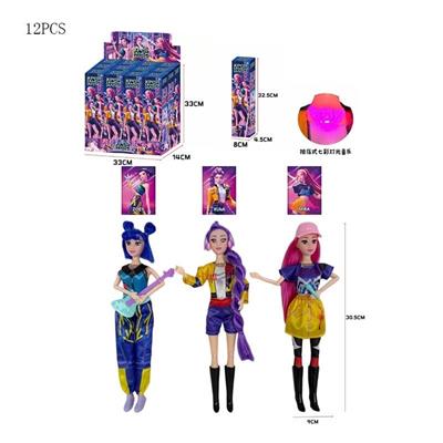 猎魔女团 K-POP 带七彩灯光音乐带卡片带吉他，帽子，话筒，耳机11寸13关节实身盲盒包装 12PCS - OBL10404492