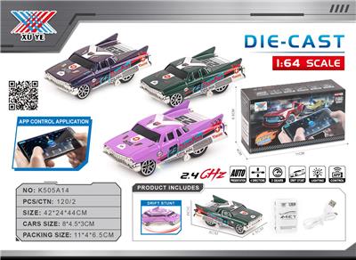 1:64 合金RC变速漂移迷你经典桌面遥控车
1961凯迪拉克复古老爷车
2.4GHZ 自动演示功能（不带遥控器）
纯手机APP功能：五种功能操作界面可选择，多国语言，3D游戏，
车速显示，重力感应，编程操控等等 - OBL10415573