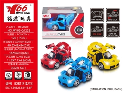 1：32Q版法拉利合金回力3开门车带灯光、音乐1款3色混装 - OBL640949
