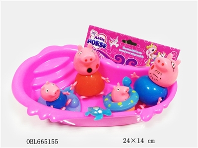 塑料一家四口佩佩猪带一个浴池和救生圈和滑板 - OBL665155