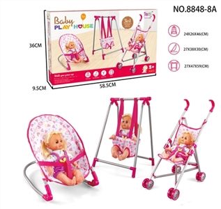 Combination of three piece set (rocking chair, swing, iron car) and 14 IC doll - OBL709440