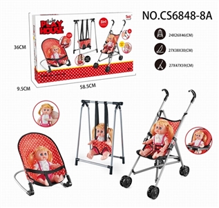 Combination of three piece set (rocking chair, swing, plastic cart) and 14 IC doll - OBL732065