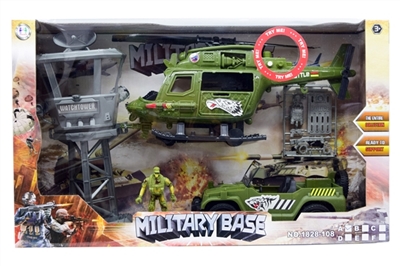 军事套装/（滑行）01直升机（包两颗纽扣/AG13电池，带灯光，声音），军车，指挥塔，军人加配件 - OBL734328