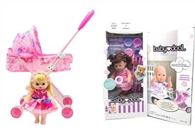 14寸真眼珠搪胶娃娃带四声音乐带吸塑套装餐具带铁推车 - OBL745363