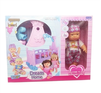 12寸搪胶真眼珠表情娃带摇篮配餐具 - OBL752381