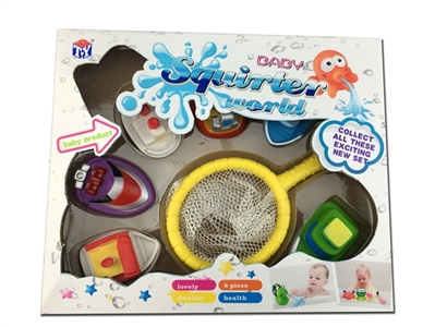 6款喷水船+1鱼捞（搪塑软胶：洗澡喷水玩具，放进水里后一捏吸水进去后再喷水，配1水捞）6+1/盒 - OBL774043