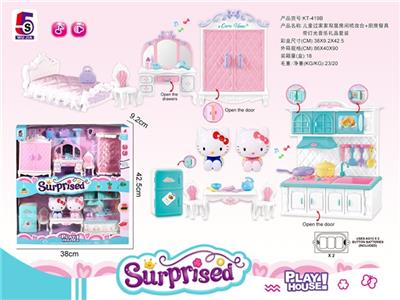KT双猫厨房餐具+房间梳妆台双层过家家套装 - OBL814636