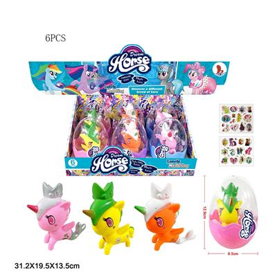 High-block pvc plastic big egg plastic unicorn horse with horse sticker three three-color blend 6pcs. - OBL822335