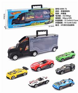 HAND-HELD GIFT BOX CONTAINER TAXIING TOW TRUCK WITH 6 SLIDING ALLOY RACING CARS. - OBL839237