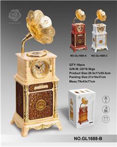 Table lamp with yellow wood grain, clock and eight tone piano phonograph - OBL871601