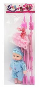 10 INCH SIMULATION EYE FOUR TONE BABY BOY WITH CART, TABLEWARE AND MILK BOTTLE - OBL883620