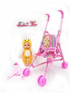 10 INCH VIRTUAL EYE FOUR TONE BABY RABBIT WITH CART, TABLEWARE AND MILK BOTTLE - OBL883621