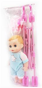 12 INCH FOUR TONE BABY BOY WITH CART, TABLEWARE AND MILK BOTTLE - OBL883624