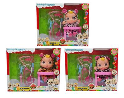 10寸搪胶cocomelon超级宝贝带4首主题音乐和圣诞主题音乐3款不同主题人物混装带听诊器小医生器材配件带餐桌 - OBL905862