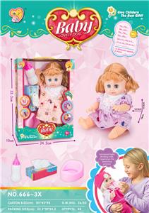 14寸搪胶会尿尿娃娃女带12声IC配奶瓶+纸巾盒，尿盆 - OBL910349