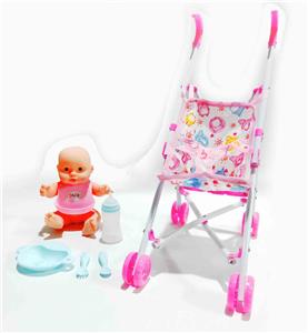 10寸全身搪胶娃娃配推车过家家套装 - OBL920072