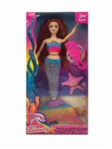 14寸实身透明大尾美人鱼带海星+梳子（带主题音乐+七彩灯光功能  ） - OBL921439