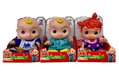 14寸带音乐全身搪胶Cocomelon宝宝JJ娃娃西瓜校巴超级宝贝带展示盒（3款混装）正版音乐90秒 - OBL929011