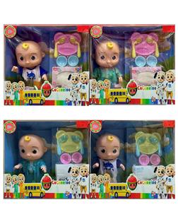 10寸带音乐全身搪胶Cocomelon宝宝JJ娃娃西瓜校巴超级宝贝带餐具餐巾盒或者餐具纸尿片配件（服装2款）正版音乐90秒 - OBL929014