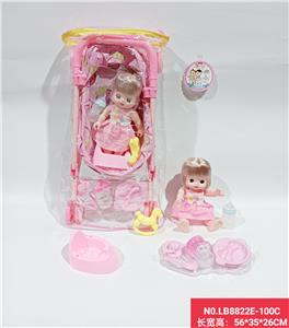 铁制推车配11寸活眼全身搪胶娃娃过家家套装 - OBL938426