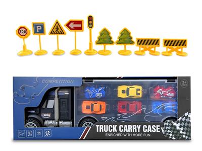 手提式惯性货柜车带摩托2只+小赛车4只（带路标） - OBL947382