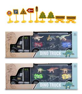 手提式惯性货柜车带摩托2只+恐龙4只（带路标） - OBL947384