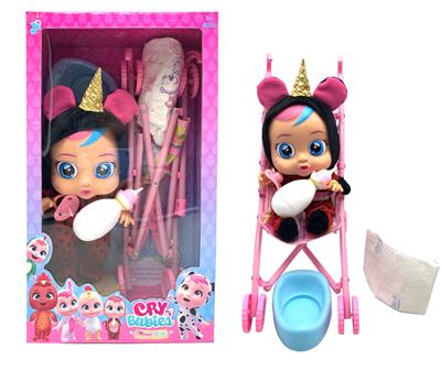 14寸搪胶哭泣娃娃会喝水真流眼泪带四声音乐DAD .Mother.Angry.Cry独角瓢虫款带大号手推车带单奶瓶奶嘴水盆尿不湿 - OBL977201