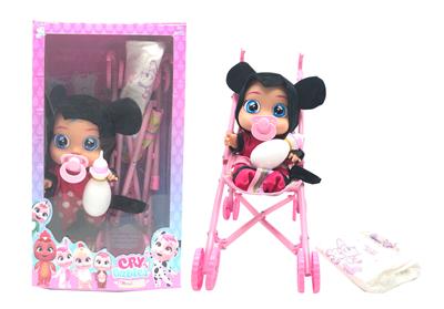 14寸搪胶哭泣娃娃会喝水真流眼泪带四声音乐DAD .Mother.Angry.Cry米琪款带大号手推车带单奶瓶奶嘴水盆尿不湿 - OBL977207