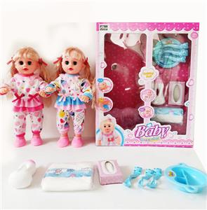 16寸直脚穿鞋铁眼喝水撒尿娃娃带英文IC，奶瓶，尿布，纸巾盒和餐盘（4件套） - OBL989182