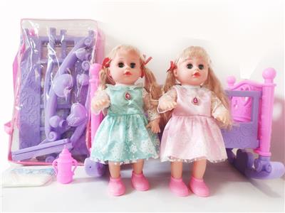 16寸直脚穿鞋铁眼喝水撒尿娃娃带英文IC，大号单层摇床，奶瓶和尿布（3件套) - OBL989276