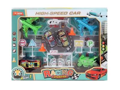 回力飞机回力铁皮车回力摩托车路标油站直升机套装 - OBL999535