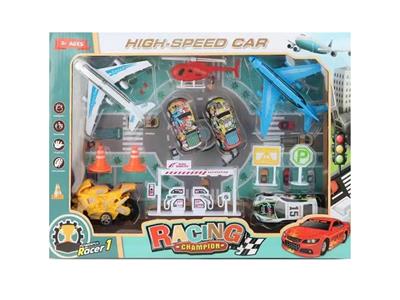 回力飞机回力铁皮车回力摩托车路标油站直升机套装 - OBL999536