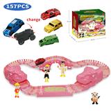 OBL10035069 - 粉红色可更换车壳恐龙拼装轨道电动车（配1只车+3个车壳，轨道片130片，4只PVC人偶）电动车需用1节AAA电池，不包电